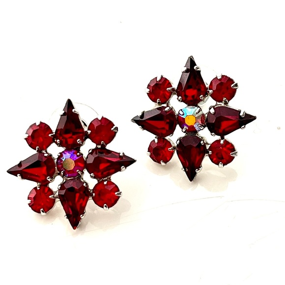 Vintage 50s Faceted Rhinestone Pierced Earrings - Picture 2 of 4